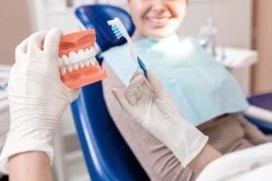 dentist wearing gloves holding a toothbrush and model of a jaw showing how to properly brush teeth
