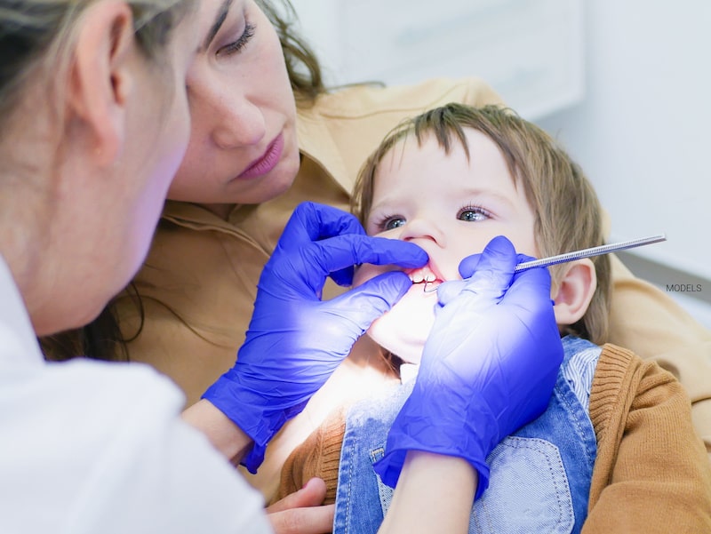 Young child at the dentist getting his teeth checked.